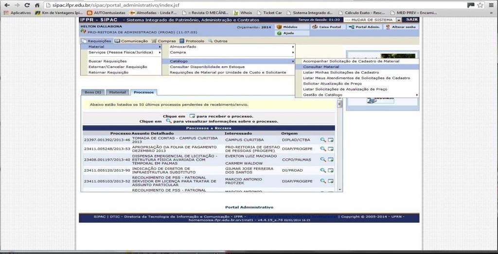 2. CONSULTA DE MATERIAL Portal Administrativo>Requisições>Material>Catalogo>Consultar Material: Abrirá a seguinte tela: Nesta tela escrevemos o