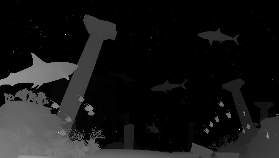 13, apresentam uma trama de textura da sequência Shark e seu mapa de profundidade correspondente. Figura B.12: Trama de textura da sequência Shark. Figura B.13: Trama de profundidade da sequência Shark.