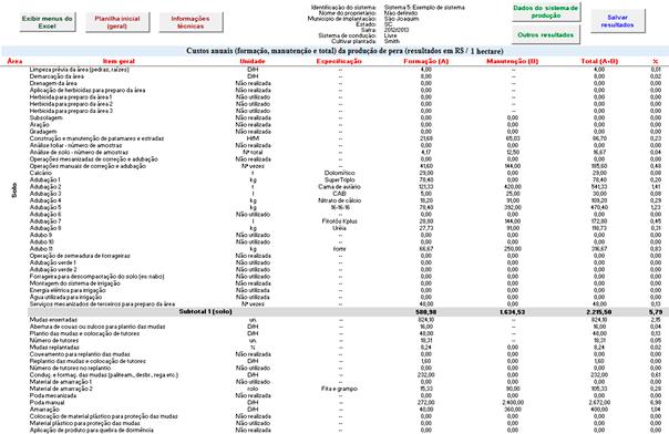 10 GestFrut_Pera: Sistema para Avaliações Econômico-financeiras da Produção de Peras A tela com a estrutura e a composição completa dos custos de produção está representada parcialmente na Figura 16.