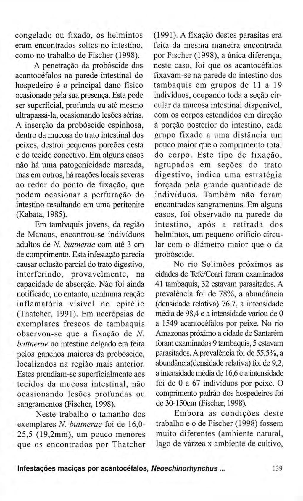 congelado ou fixado, os helmintos eram encontrados soltos no intestino, como no trabalho de Fischer (1998).