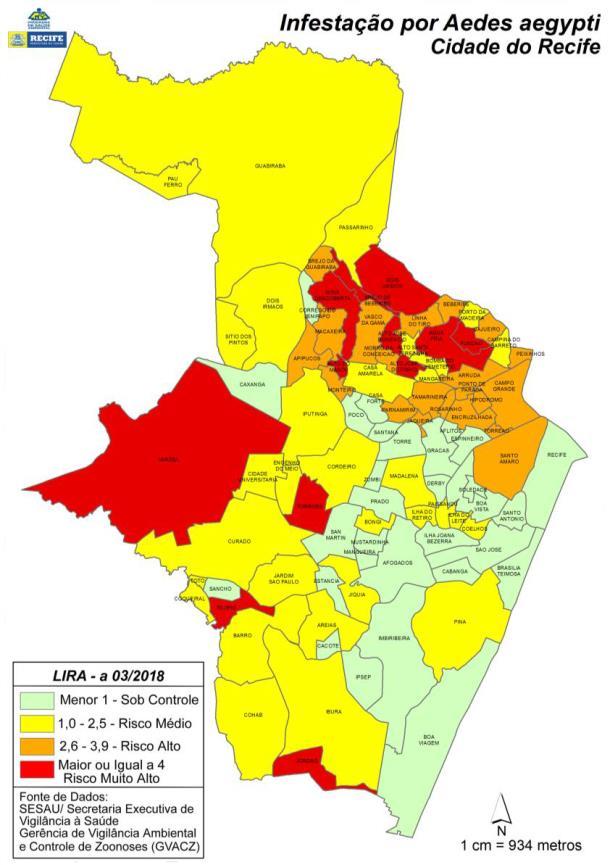 Figura 2. Levantamento Rápido do Índice de Infestação para Aedes aegypti (LIRAa), Coeficiente de Incidência de casos das Arboviroses das últimas oito semanas, segundo bairro de residência.