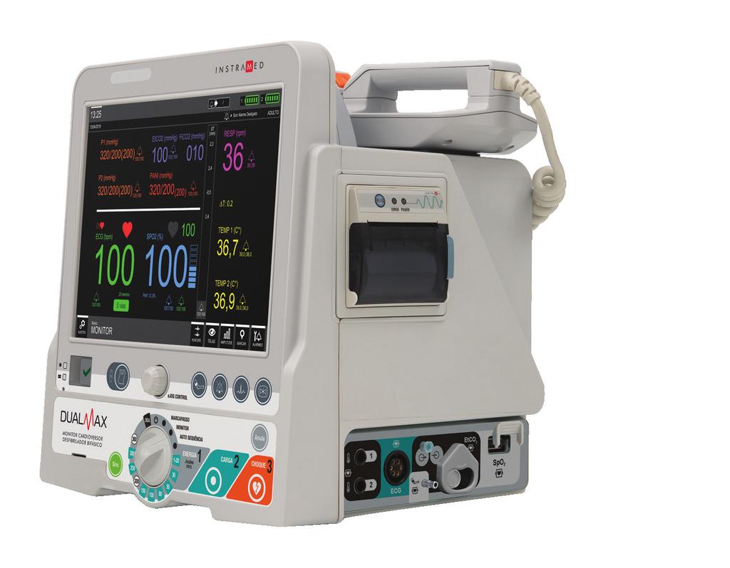 Marcapasso não invasivo; Desfibrilador externo automático (DEA); Eletrocardiograma (ECG) até 12 derivações; Oximetria (SpO 2 ); 02 canais de temperatura; Pressão não invasiva