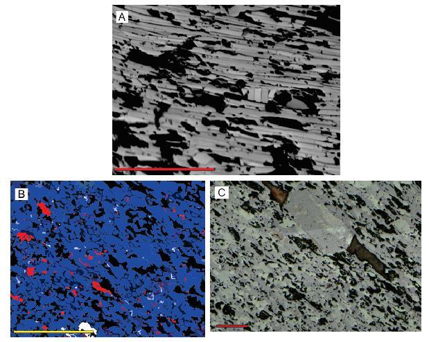 4.3.1 Mina Fazendão Figura 11: Mina Fazendão. A) SEM, escala = 0,2mm B) EBSD, vermelho = magnetita (3%), azul = hematita (81%) escala = 0,2mm. C) OM, escala = 0,2 mm.