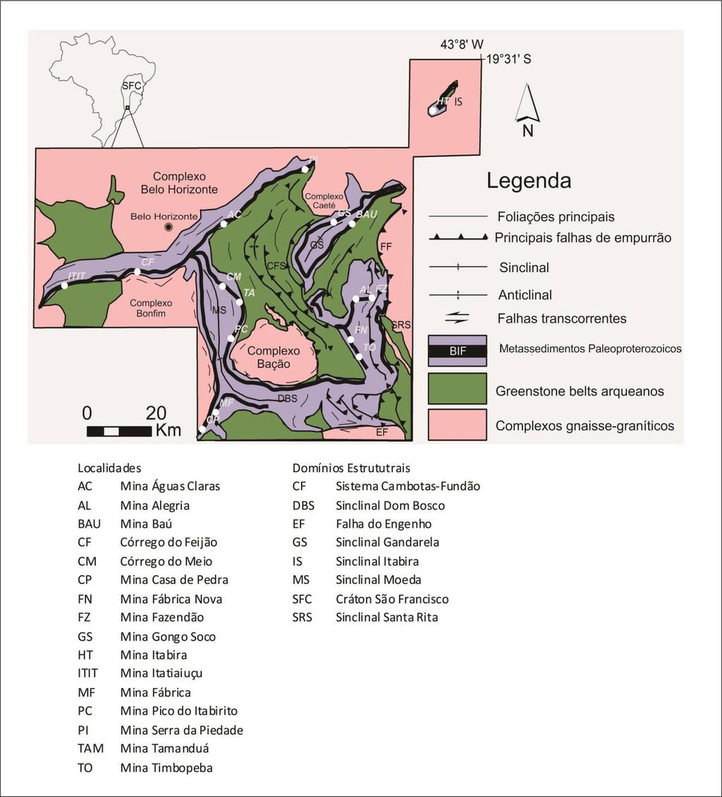 1.1 Localização O Quadrilátero Ferrífero está localizado nas proximidades de Belo Horizonte e abrange uma área com cerca de 7000 km² no sul do Cráton São Francisco, como pode ser visto na Fig. 01.