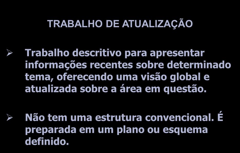 TRABAHOS ACADÊMICOS ESTRUTURA DO TEXTO x TIPO DE TRABALHO TRABALHO DE ATUALIZAÇÃO Trabalho