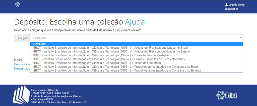 Selecione a coleção onde a obra será depositada e clique em Próximo.