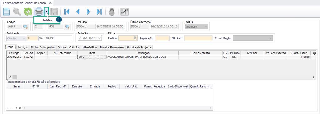 1º dígito: 1 2º dígito: N 3º dígito: S Faturamento Após a impressão da nota fiscal, ao clicar na seta ao lado do botão Imprimir,