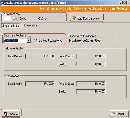 Após ser feito o encerramento os movimentos passam a estar disponíveis para o encerramento da conciliação bancária, opção que fica disponível selecionando-se a conta