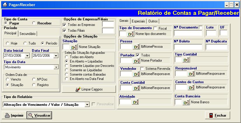 Selecionar em TIPO DE CONTA RECEBER. Na guia PERÍODO, definir o período ou data desejada. No campo TIPO DA DATA, selecionar MOVIMENTO. No campo ORDEM DATA DE, selecionar SITUAÇÃO.