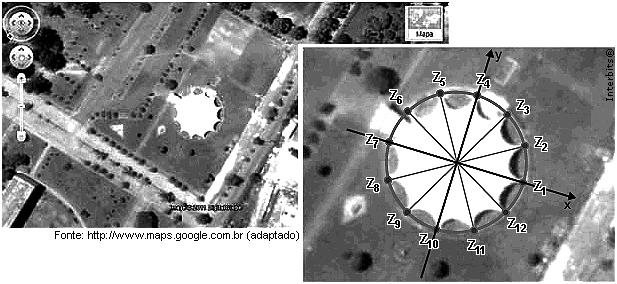 1 (Ufsm 01) Observe a vista aérea do planetário e a representação, no plano Argand- Gauss, dos números complexos, z,,, obtida pela divisão do círculo de raio 14 em 1 partes iguais Considere as