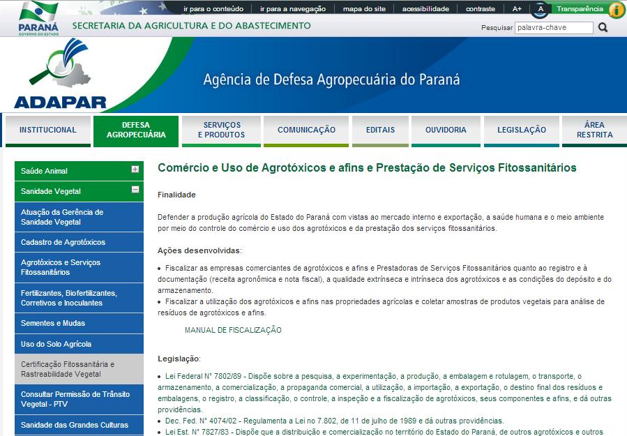 Figura 20: Site da ADAPAR, com destaque para o MENU com informações sobre os