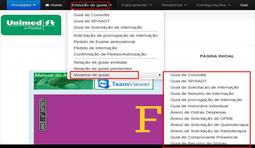 Modelos de guias O sistema oferece a opção de imprimir as guias no padrão TISS, para que o prestador possa ter o formulário para preenchimento manual em caso ocorra