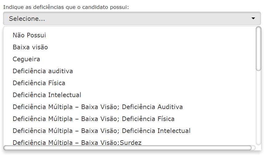 Passo 5 Deficiência: Selecione dentro das opções apresentadas, qual tipo de deficiência o aluno possui. Para tanto, clique aqui para abrir a caixa de opções.