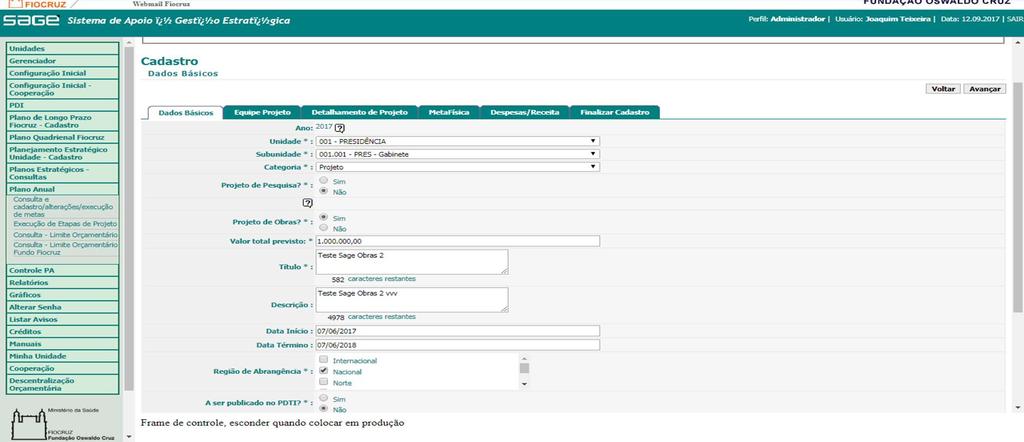 SAGE 2018 Novos Elementos Informações Obras No