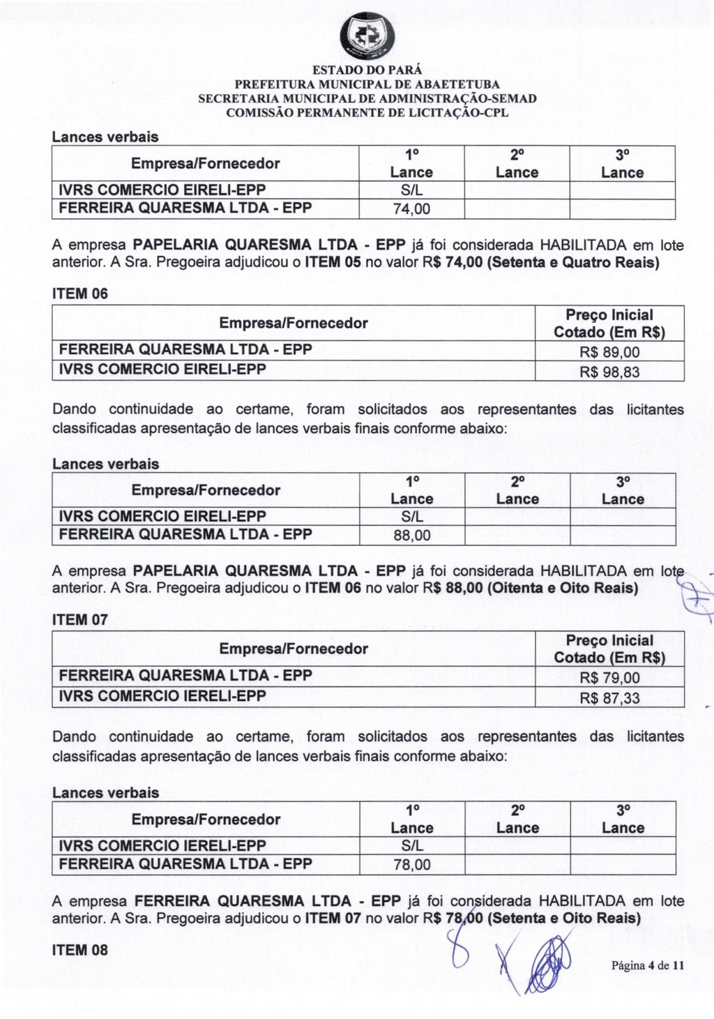 _ - - (3) SECRETARIA MUNICIPAL DE ADMIN ISTRAÇÃO-SEMAD 2 3 1 IVRS COMERCIO EIRELI-EPP FERREIRA QUARESMA LTDA EPP 74,00 A empresa PAPELARIA QUARESMA LTDA - EPP já foi considerada HABILITADA em lote