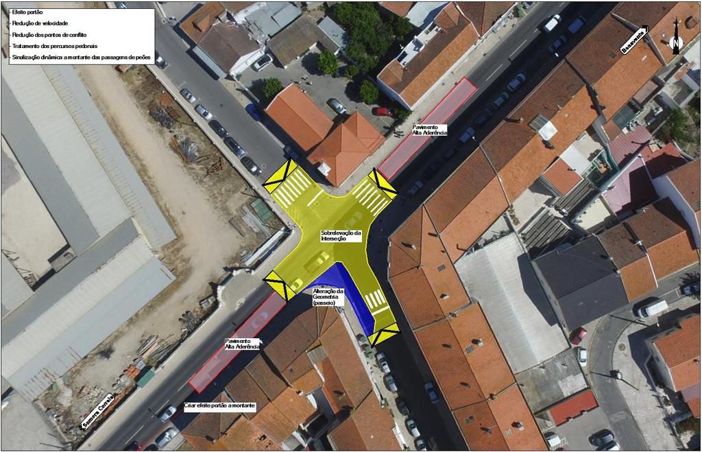 Soluções propostas e estimativa de custos ESPECIALIDADES PATOLOGIAS SOLUÇÕES ADEQUAÇÃO DA GEOMETRIA Falta de efeito portão no sentido Samora Correia Benavente e geometria do cruzamento inadequado.