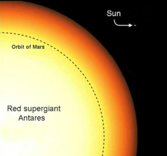 Antares (alfa Sco): supergigante vermelha situada 550 ± 100 anos-luz. A sua massa é de aprox. 12 massas solares e o seu raio é cerca de 700 vezes superior ao do Sol.