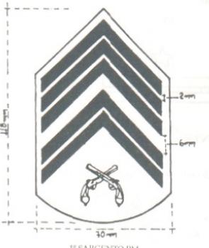 bandeirante, medindo 30 mm cada lado, para os uniformes de policiamento ostensivo. Art. 28. A disposição e descrição das divisas das praças seguem da seguinte forma: I. Sargento PM a) USO: 1.