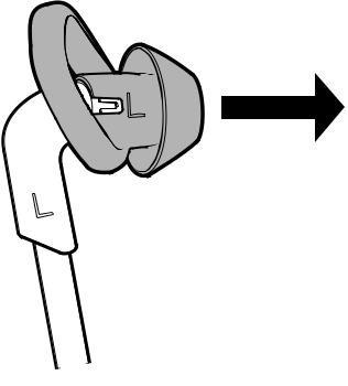 3 Substituir a ponta auricular Empurre a ponta auricular em direção à ponta do fone marcado com "L" ou "R", com a marcação na ponta auricular de borracha