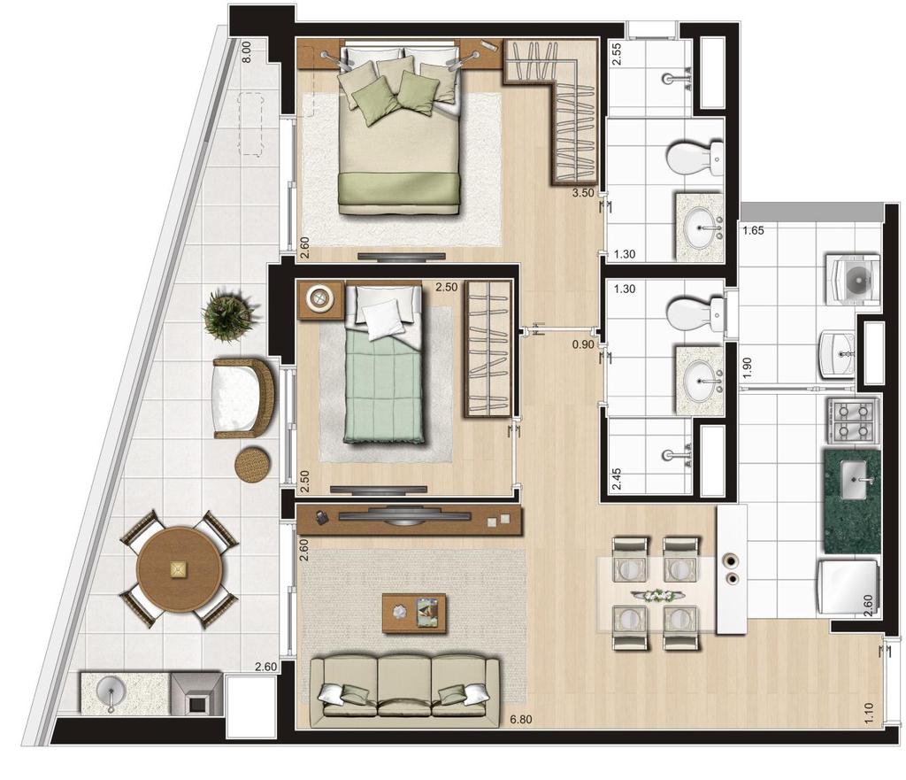 Planta Tipo 68,50 m² 2 dorms.