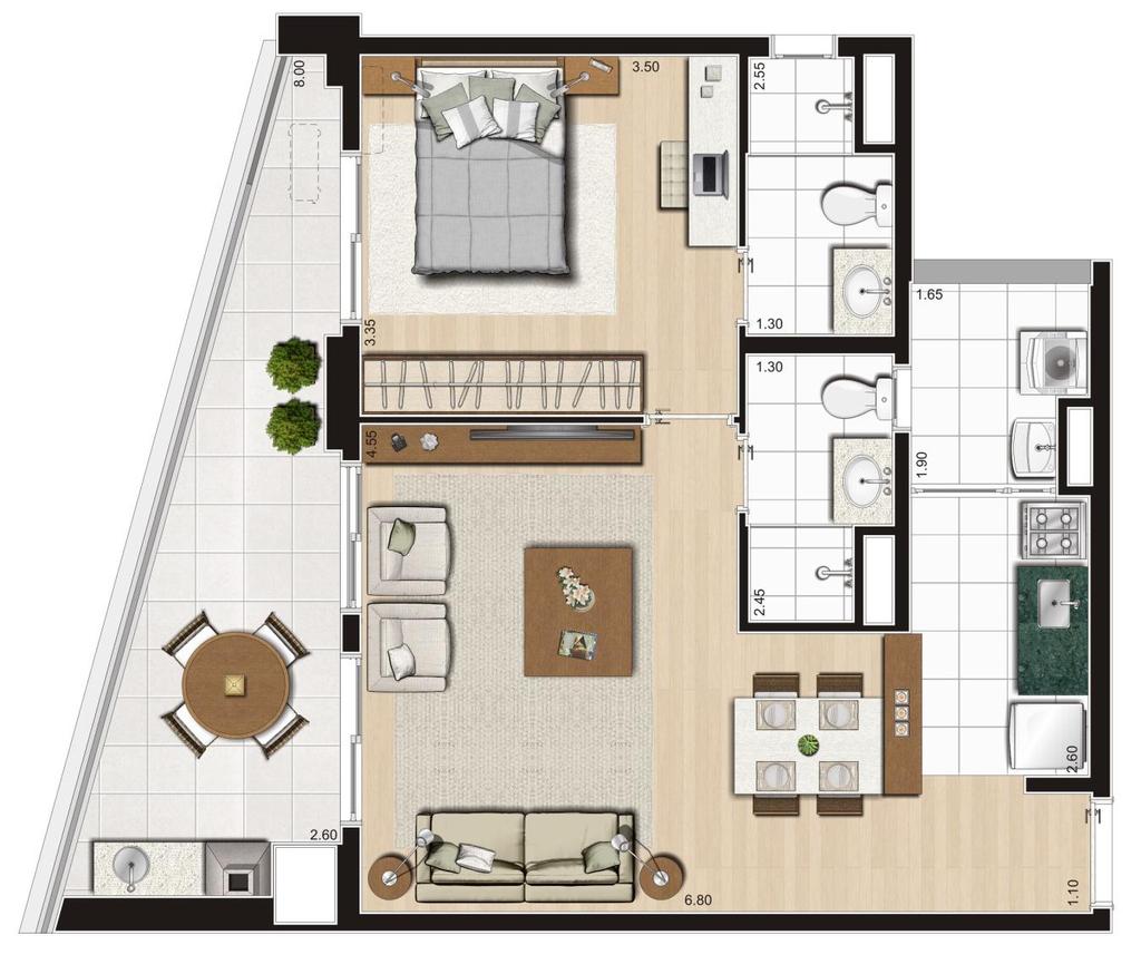 Planta Opção 68,50 m² 1 suíte Suíte