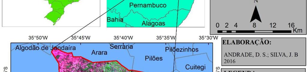 Mapa de localização do município de Areia-PB FONTE: BASE DE DADOS: INPE, AESA E GOOGLE, 2016.