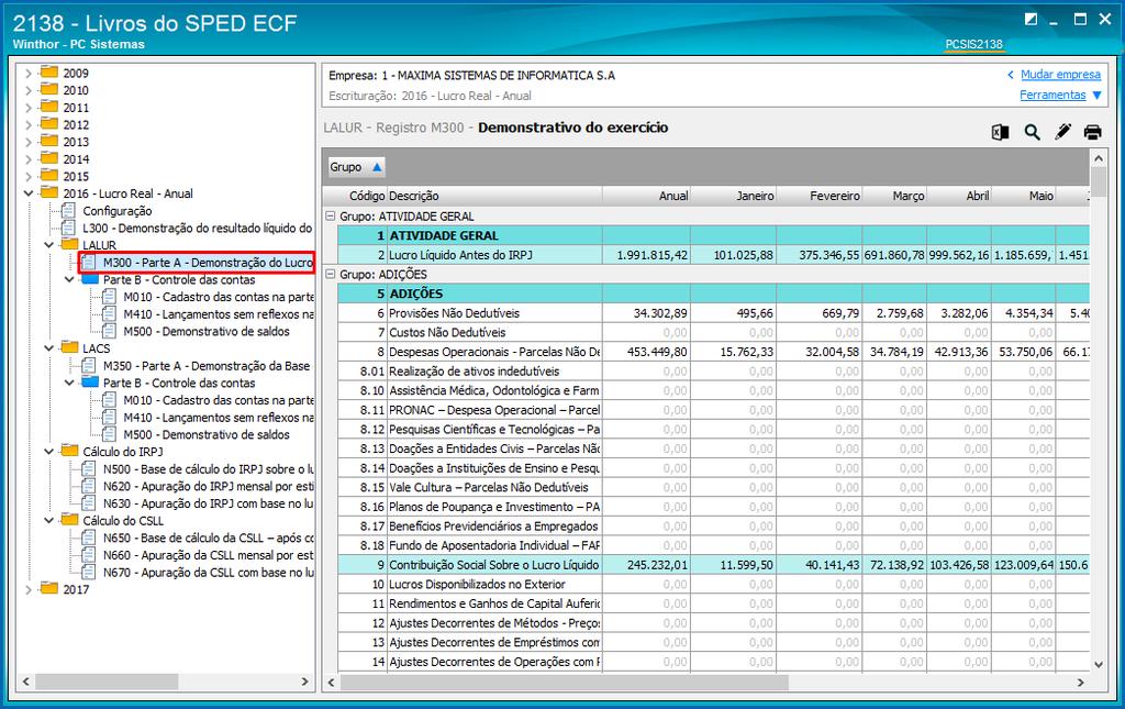 4.1.4 Acesse a aba Parte A Demonstração do Lucro Real (M300) para demonstrar os valores conforme