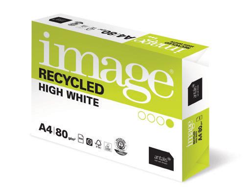 PAPEL DE ESCRITÓRIO RECICLADO IMAGE RECYCLED HIGH WHITE Papel 100% reciclado, com um acabamento de grande brancura (CIE 147), assim como uma elevada mão (1.3) e uma excelente opacidade.