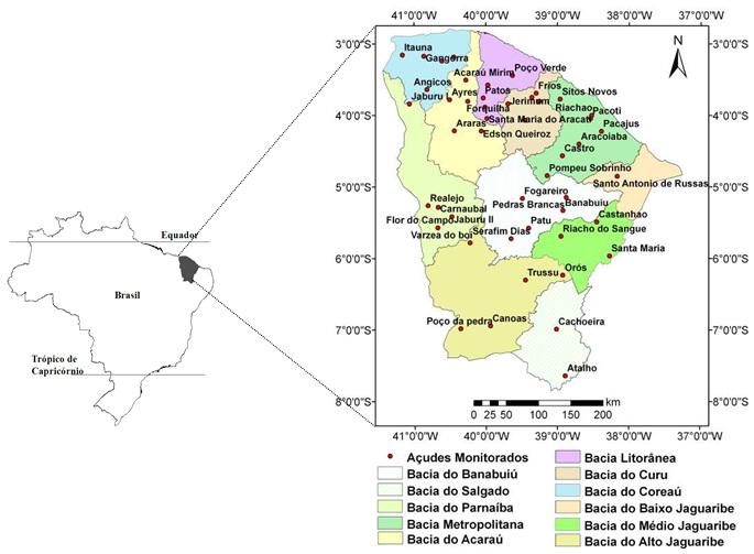 Figura 1: Localização por bacia hidrográfica dos reservatórios estudados no Estado do Ceará. corre numa extensão de 800 km.