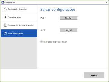 Você verá uma tela como esta: 3. Clique em Opções para PDF ou JPEG e mude as configurações conforme necessário. 4. Clique em Fechar.