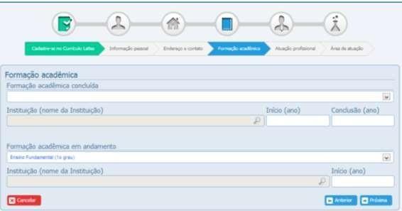 Informe os dados da formação acadêmica. A maior titulação concluída, a Instituição deverá ser obtida clicando na lupa e procurando o nome da instituição ou Inserindo uma nova instituição.