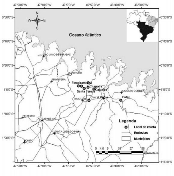 Aspectos sócio-ambientais das pescarias de camarões dulcíolas... 53 Figura 1. Locais onde foram realizados levantamento de dados sócio-econômicos na península bragantina, Bragança, Pará.