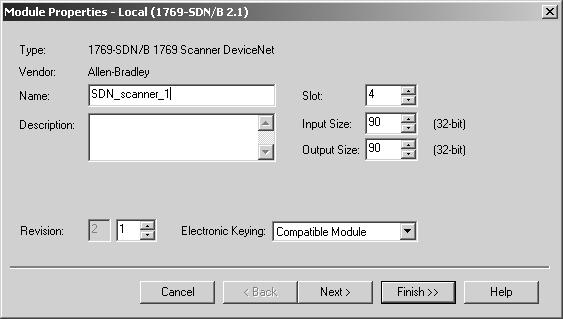 Selecione o módulo 1769-SDN/B. Clique em OK. 3. Configure o módulo.