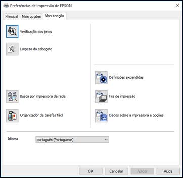Seleção das opções de manutenção - Epson Universal Print Driver - Windows Você pode selecionar configurações de manutenção e outras configurações opcionais na guia Manutenção.