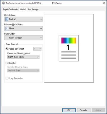 Você verá a janela de definições da impressora: 3. Selecione as configurações de impressão que deseja usar como padrão em todos os programas do Windows. 4. Clique em OK.