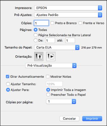 Você verá a janela de configurações da impressora expandida para o seu produto: Observação: A janela de impressão pode ser diferente, dependendo da versão do Mac OS e do aplicativo usado. 5.