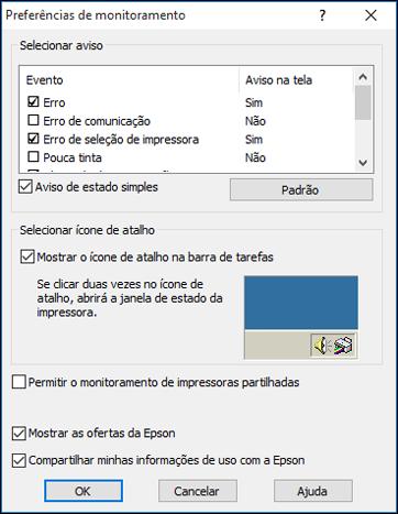 3. Para desativar as ofertas promocionais da Epson, clique com o botão direito do mouse no ícone do produto na barra de tarefas do Windows e selecione Preferências de monitoramento.