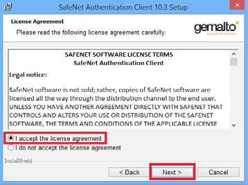 Na tela a seguir será apresentado o contrato de licença para a utilização do Safenet Authentication Client, realize o procedimento a seguir: A.