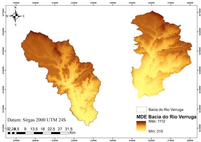 O MDEHC da bacia do Rio Verruga (Figura 3) demonstra alta variação de altitude, apresentando elevação média de 713,5 m, com mínima