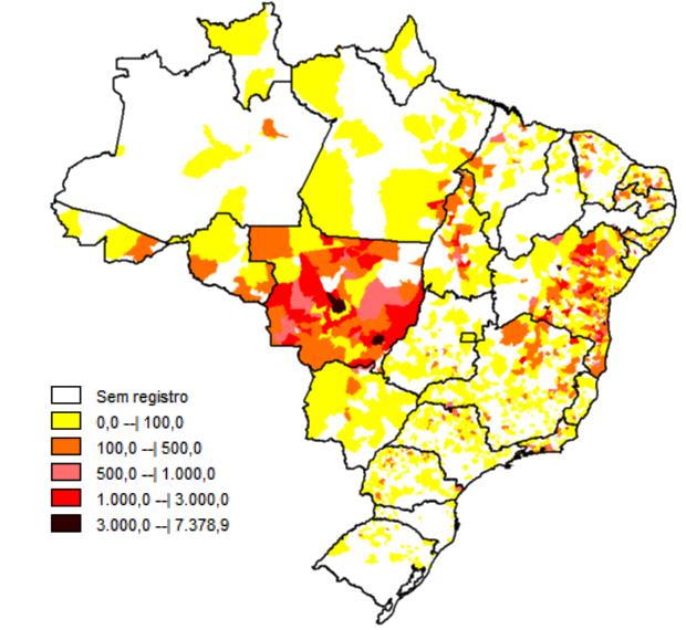 ) de febre pelo vírus Zika por município de notificação, até a Semana Epidemiológica 23, Brasil, 2016 Fonte: Sinan-NET (atualizado em 10/06/2016).