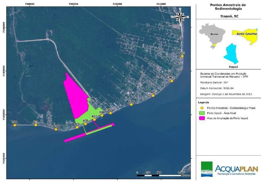 Figura 204. Localização dos pontos de coleta de sedimentos praiais, próximos ao Porto Itapoá. 7.1.