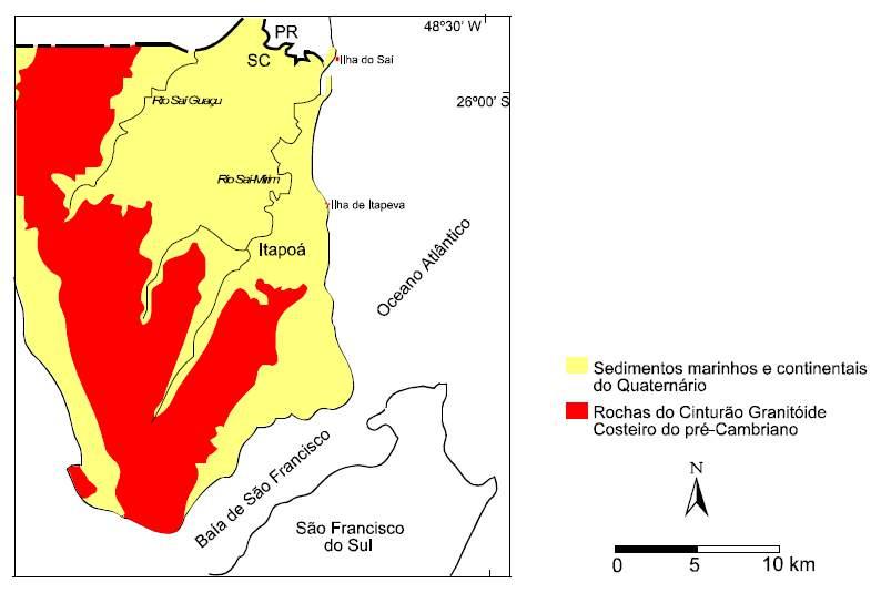 Figura 128. Contexto geológico regional para a planície costeira do Município de Itapoá (SOUZA, 1999). Quanto à distribuição e limites das rochas do Cinturão Granitóide Costeiro, Siga Jr.