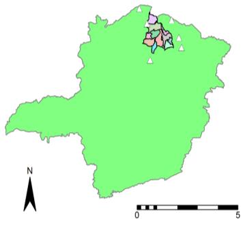 2 MATERIAL E MÉTODOS A Figura 1 apresenta a localização dos municípios estudados no polo agrícola da bacia do Rio São Francisco, Norte de Minas Gerais (MG), juntamente com seis estações