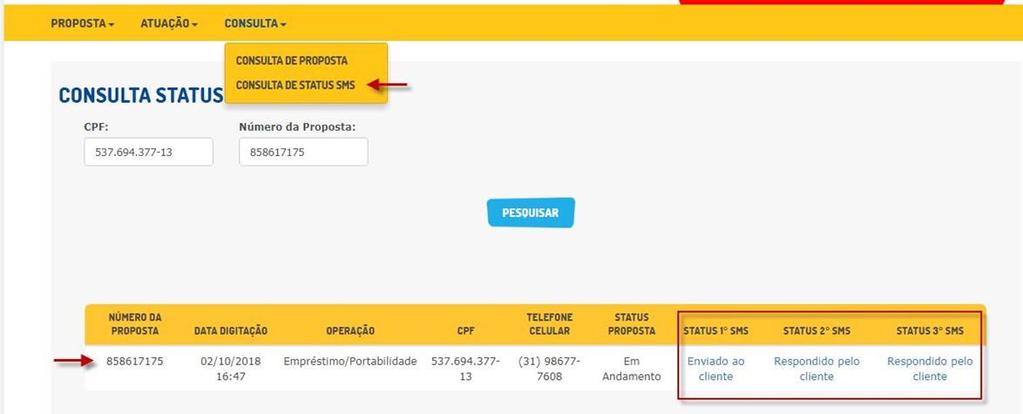 2º passo: Para visualizar detalhes do 2 e 3 SMS s coloque o cursor do mouse sobre o