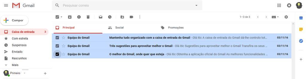 Após entrarem no Gmail ele terá o seguinte aspeto. Tecnologias da Informação e Comunicação Começa por apagar os 3 e-mails que estão na caixa de entrada.