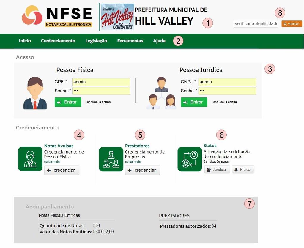 6 1. VISÃO GERAL FIGURA 2 - PÁGINA INICIAL DO SISTEMA 1. Prefeitura Municipal; 2. Menu Principal; 3. Acesso ao sistema (login); 4.