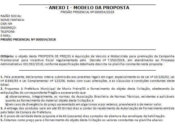 .. - ANEXO I - MODELO DA PROPOSTA PREGÃO PRESENCIAL Nº 000054/2018 RAZÃO SOCIAL: NOME FANTASIA: CNPJ Nº: ENDEREÇO: TELEFONE: E-MAIL: PREGÃO PRESENCIAL Nº 000054/2018 OObjeto: o objeto desta PROPOSTA