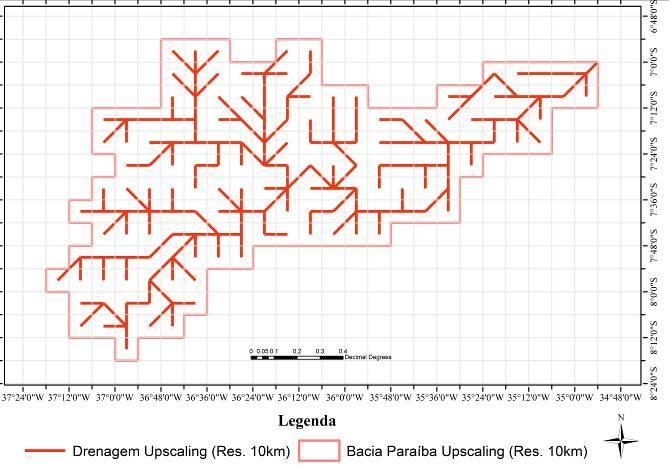 Drenagem vetorizada das imagens LANDSAT (A), drenagem obtida do SRTM na resolução 100 m (B), drenagem obtida por reamostragem na resolução 10 km (C), drenagem obtida por upscaling na