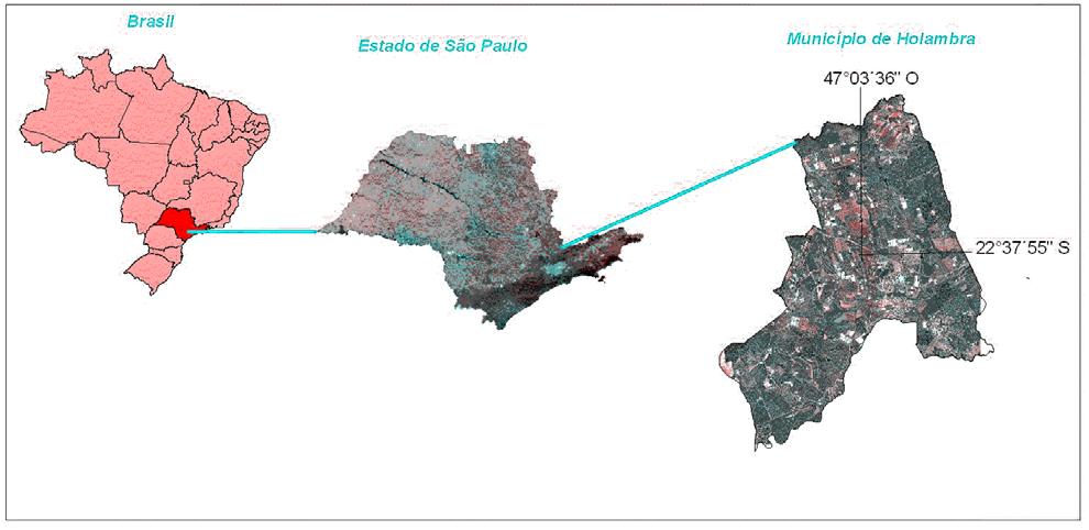 Figura 1 Localização do Município de Holambra no Estado de São Paulo e no Brasil, por intermédio da imagem LANDSAT, para o Estado de São Paulo, e para o IKONOS, para o município de Holambra - SP.