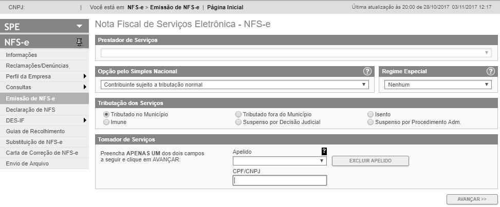 Página 31 de 123 5. Emissão de NFS-e A opção para emissão da NFS-e somente estará disponível após o deferimento da autorização. 5.1. Campo Prestador de Serviços Selecione a inscrição no qual deseja emitir a NFS-e.